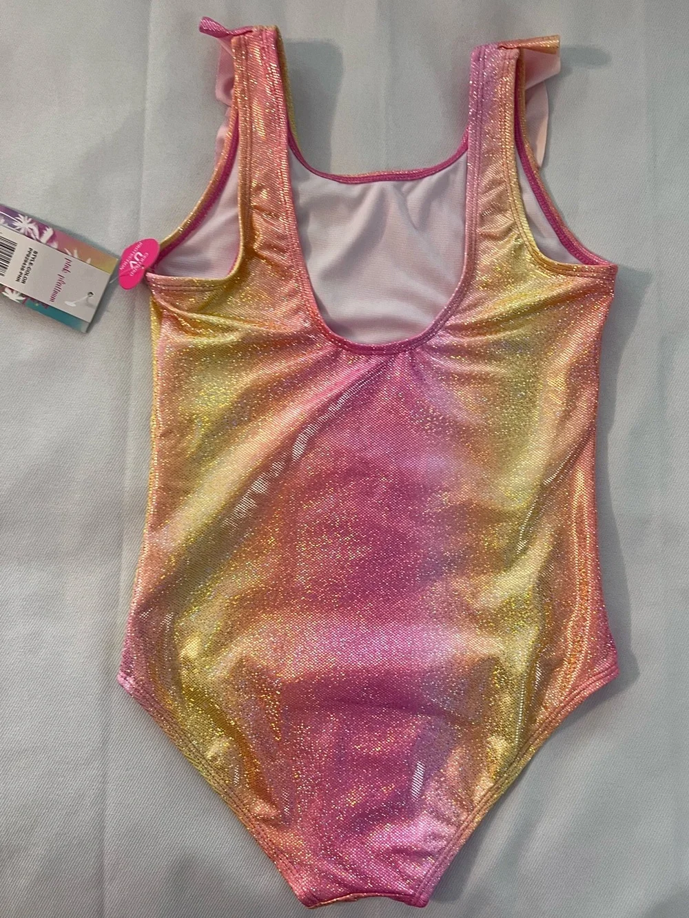Kids Glitter Ombre Pink & Yellow Ruffle One-Piece Swimsuit  size 10-12